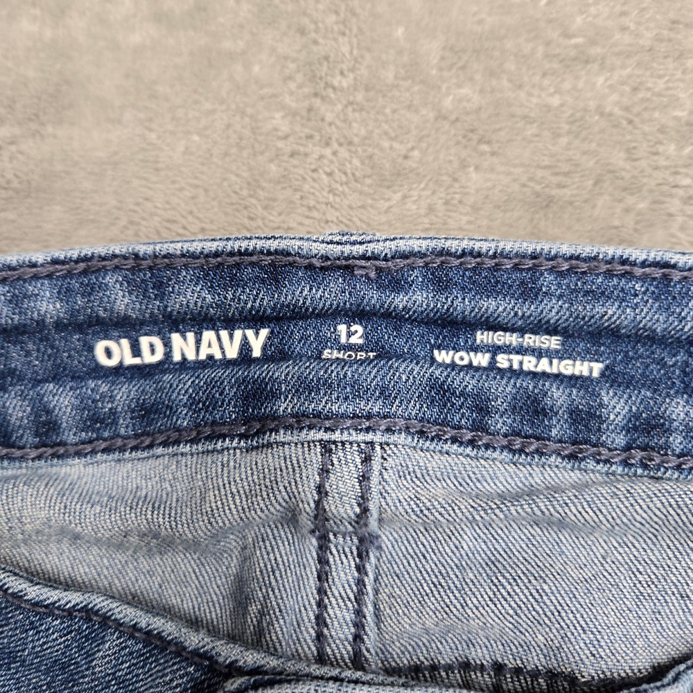 Old Navy High-Rise Wow Straight Jeans Blue Medium Wash Raw Hem 12 Short